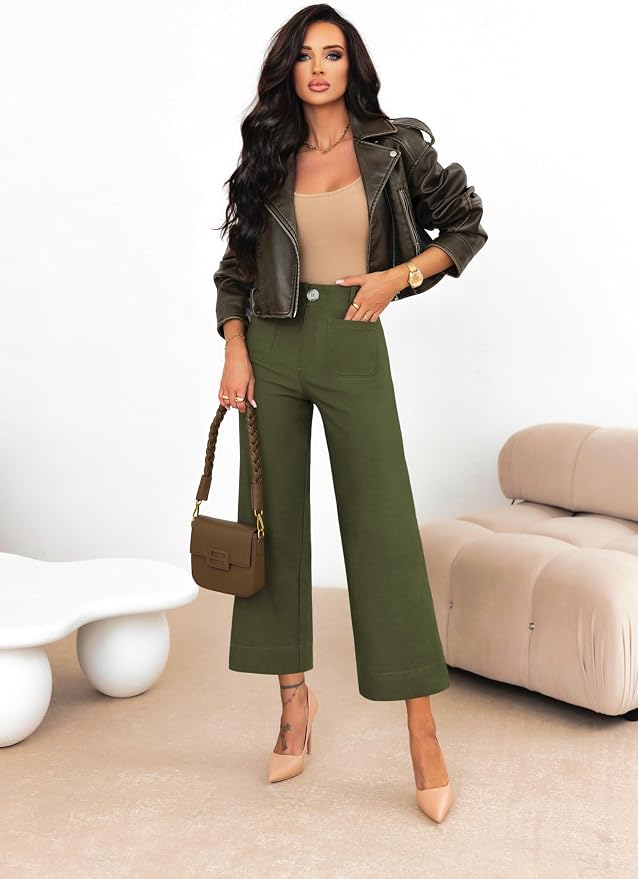 miduo Womens High Waisted Cropped Wide Leg Stretchy Straight Pants Trousers with Pockets - Image 5