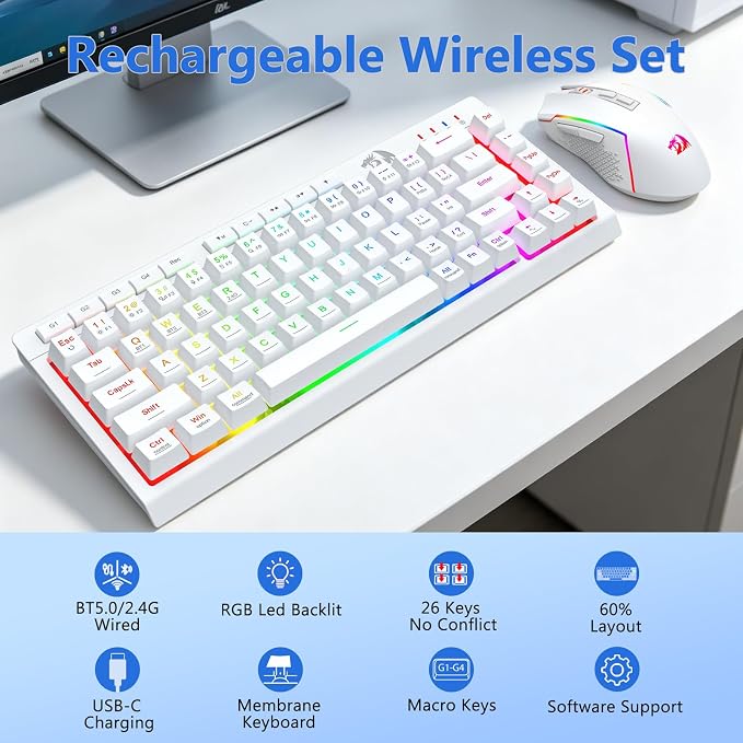 Redragon Wireless Gaming Keyboard and Mouse Combo, 60% Portable, White | Bluetooth/2.4G/USB-C Wired, RGB Backlit, Quiet Rechargeable Macro Membrane Keyboard & 12800 DPI Mouse for Win/MAC - Image 9