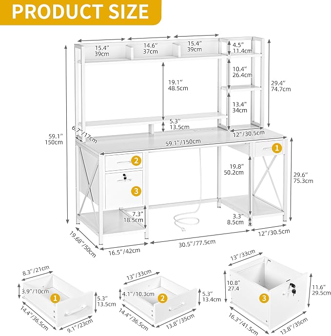 DWVO Computer Desk with Drawers & Hutch, 59.1" Office Desk with Power Outlets & LED Lights, Home Office Desk with Storage Shelves, White | Built-In Power Outlets, Led Lights, Hutch Shelves, Storage Drawers, for Home Office Work Study, Easy Assembly - Image 2