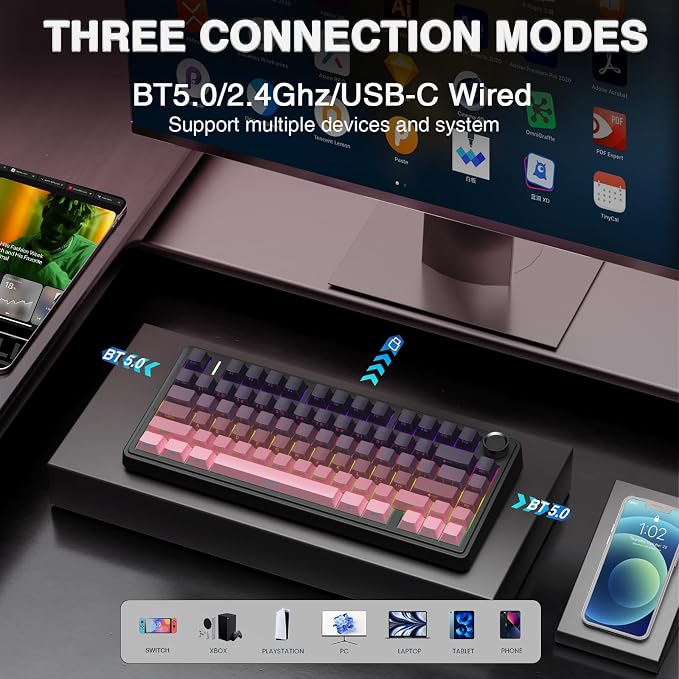 AULA F75 Pro Wireless Mechanical Keyboard,75% Hot Swappable Custom Keyboard,RGB Backlit,Pre-lubed Reaper Switches,Side Printed PBT Keycaps Mechanical Gaming Keyboards, Pink&Black - Image 3