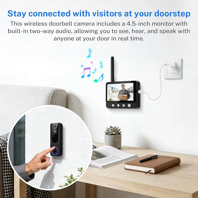 Wireless Doorbell Camera Video Monitor with Display 4.5" Screen Indoor Visual Base Station, Two Way Talk, Smart AI Motion Detection, Night Vision, Cloud Storage. - Image 3