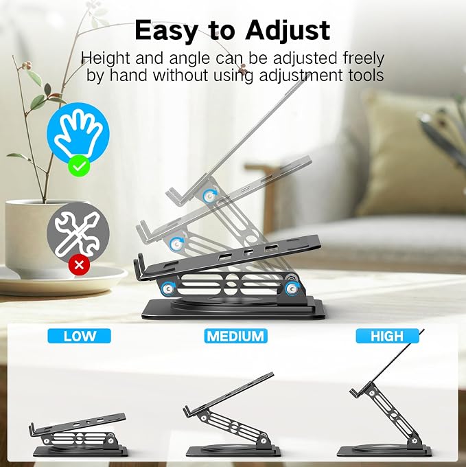 Adjustable Laptop Stand for Desk with 360 Rotating Base | Metal Foldable Laptop Riser Holder, Portable Desktop Book Stands, Ventilated Cooling Notebook Stand for 10-15.6” Laptops - Image 4