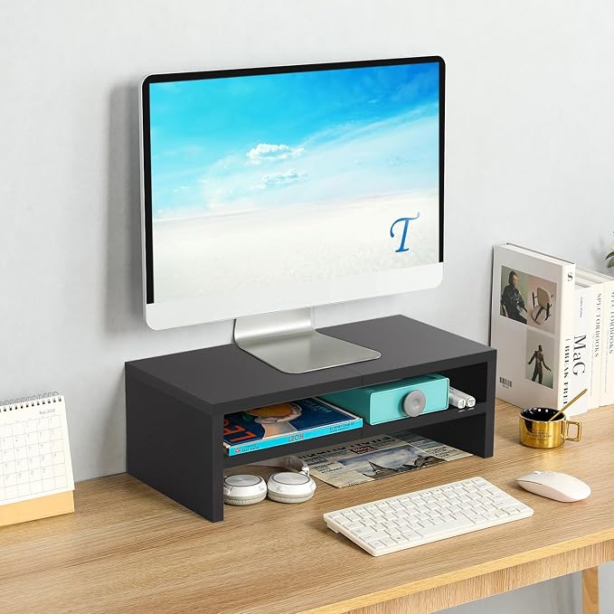 TEAMIX 2 Tiers Wooden Desktop Monitor Stand Riser 20 Inch Printer Stand with Double Storage Small TV Riser Laptop Keyboard Holder Business Desk Organizer Shelf Black Bookshelf | Laptop/PC/Printer Stand, Wood Desk Bookshelf, Ergonomic Design, Holds 80 L... - Image 2