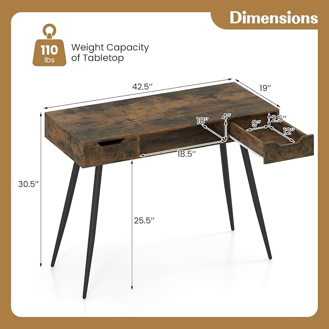 Giantex Mid Century Modern Computer Desk with Drawers, 42.5" Writing Desk with Open Storage Cubby, Vanity Table with Metal Leg, Compact Wooden Study Table for Small Spaces Home Office (Rustic Brown) - Image 3