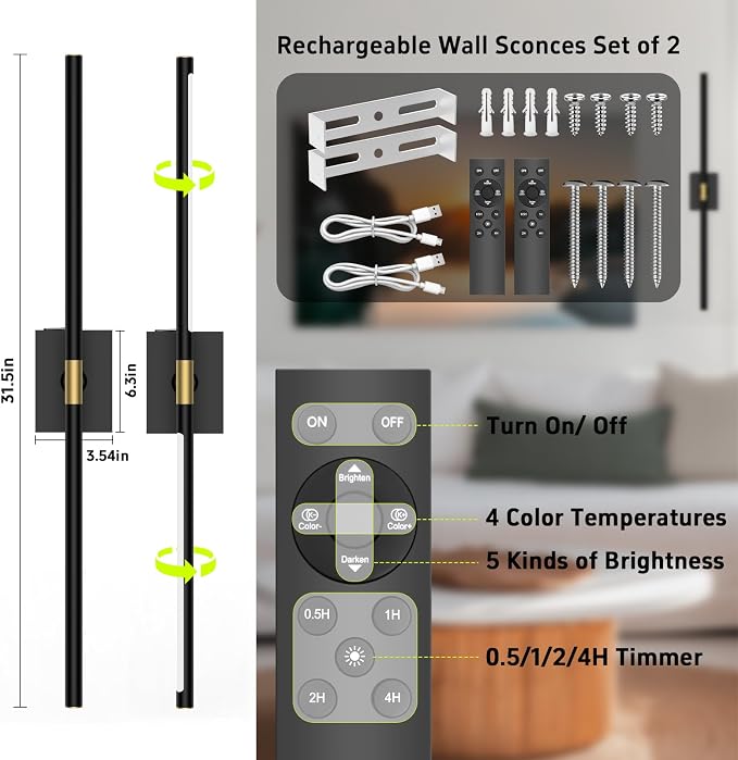 iThird Battery Operated Wall Sconces Set of 2: 10000mAh Rechargeable Wall Lights with Remote Control, 360° Rotate Wireless Wall Scone Decor for TV/Mirror Bedroom Living Room, 31.5 Inch, Black - Image 2