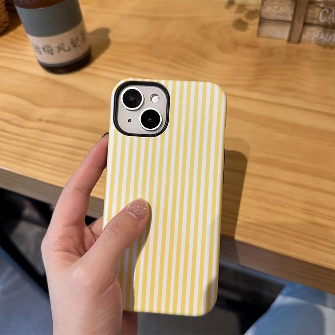 for iPhone 15 Plus/14 Plus Case Striped Cute Aesthetics Phone Case Trendy Protective Shockproof Cover for iPhone 15 Plus/14 Plus Yellow White - Image 2
