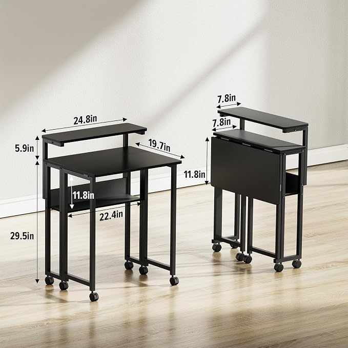 GreenForest Folding Desk with Adjustable Monitor Stand, 24.8 in Small Desk | Storage Shelf, Lockable Wheels, Portable, Space Saving, Mobile Rolling Table for Small Spaces, Home Office, Writing, Black - Image 3