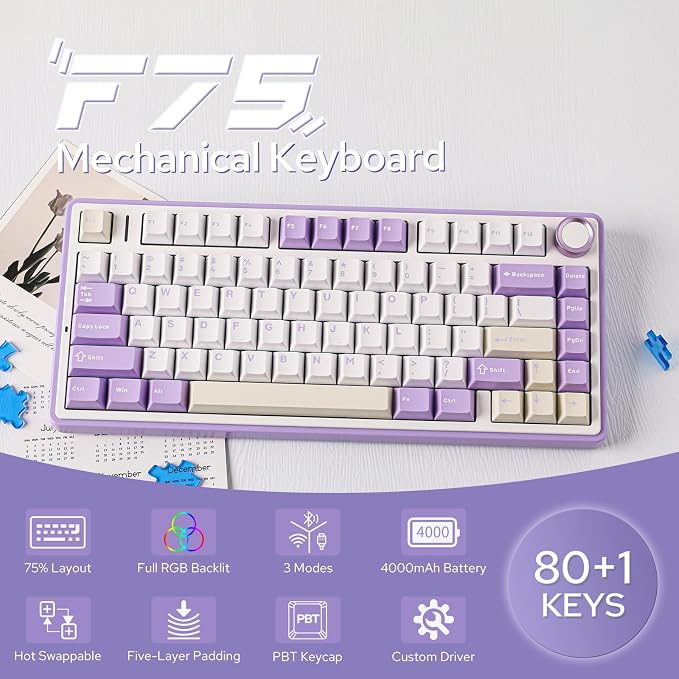 EPOMAKER x Aula F75 Gasket Mechanical Keyboard, 75% Wireless Hot Swappable Gaming Keyboard with Five-Layer Padding&Knob, BT/2.4GHz/USB-C, RGB (Purple, LEOBOG Reaper Switch) - Image 2