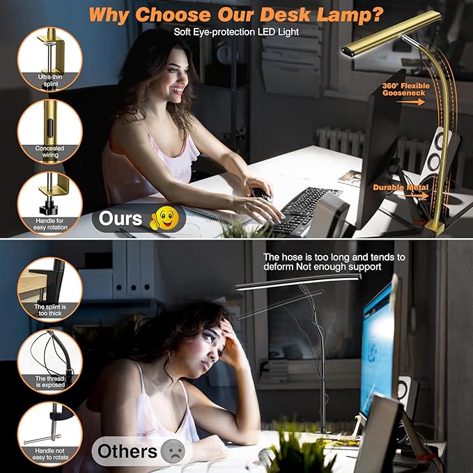 Airlonv LED Desk Lamp for Office Home, Eye-Caring Desk Light with Stepless Dimming Adjustable Flexible Gooseneck, 10W USB Adapter Desk Lamp with Clamp for Reading, Study, Workbench (Gold) - Image 4