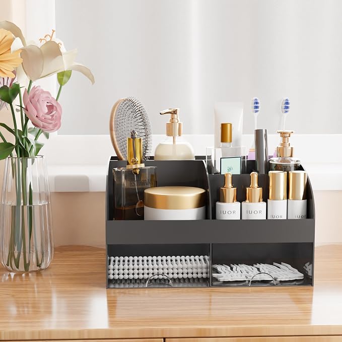 Makeup Organizer with Drawers, Cosmetic Storage for Dresser Vanity and Bathroom Countertop, Beauty Holder for Lipstick Brush, Skincare Organizer for Vanity, Cosmetic Display Case (Black) - Image 6