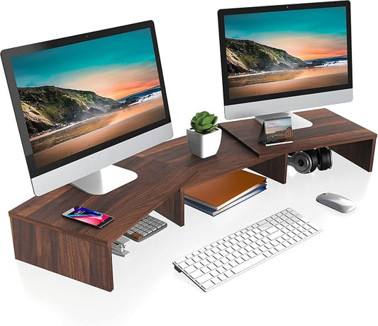 FITUEYES Dual Monitor Stand Riser, Adjustable Length and Angle, Brown | Wooden 3-Shelf Design, Supports up to 55lbs, Flexible for Standard Corner Space, Holds Monitor, Laptop, Phone, Printer by FITUEYES