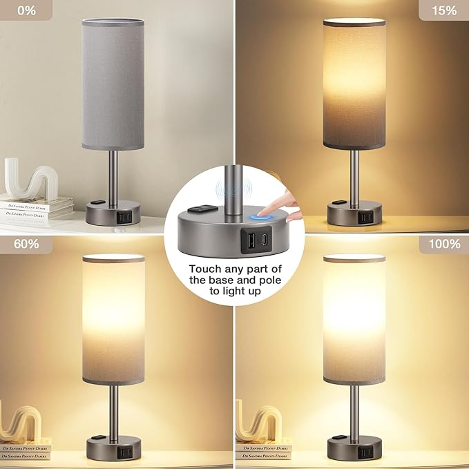 Fenmzee Grey Bedside Table Lamp for Bedroom - 3 Way Dimmable Touch Lamp USB C Charging Ports and AC Outlet, Small Lamp for Living Room, Desk, LED Bulb Included - Image 4