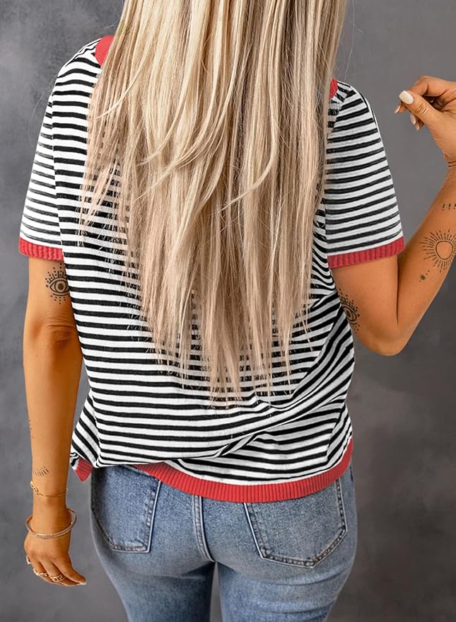Dokotoo Womens Tops 2026 Casual Summer Crewneck Short Sleeve Striped Color Block Knit High Low Trendy Pullover Sweaters - Image 3