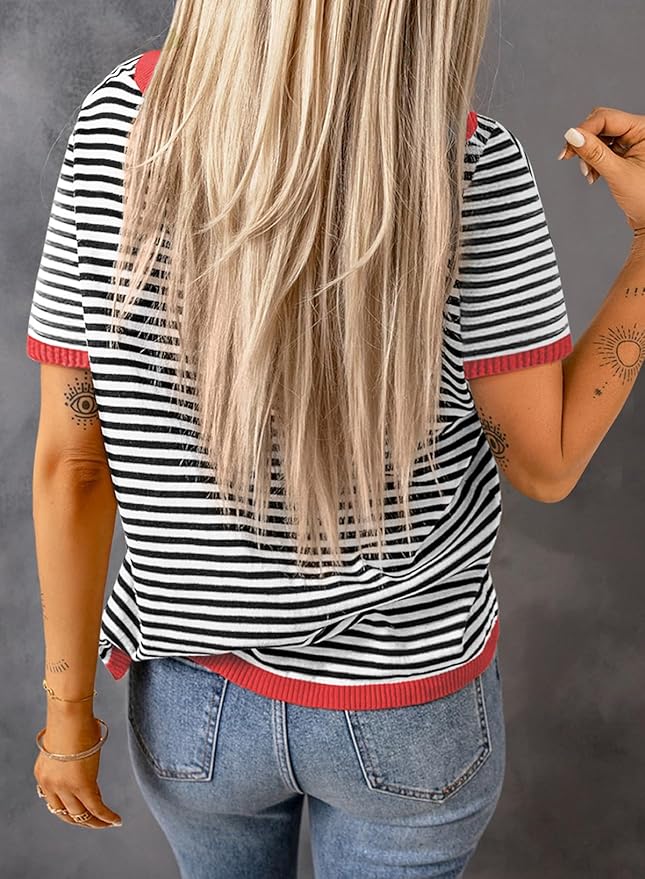 Dokotoo Womens Tops 2026 Casual Summer Crewneck Short Sleeve Striped Color Block Knit High Low Trendy Pullover Sweaters - Image 3