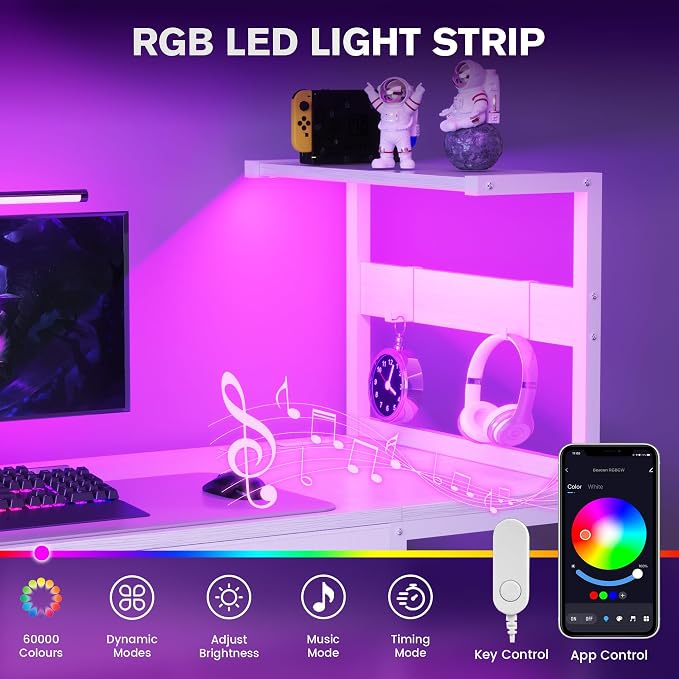 40 Inch Small Gaming Desk with Drawers & Led Lights & Storage Bag, White | Reversible Storage Shelf, Power Outlets, Wood Grain Gaming Table, Compact Computer Desk for Small Space, Bedroom, Home Office - Image 5
