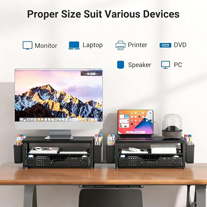 Monitor Riser, Laptop Stand for Desk, Office Desk Organizer and Accessories, Computer Monitor Stand, Desktop Shelf with Drawer and Pen Holder, Printer Stand for Home, Office, Dorm (Black) - Image 3
