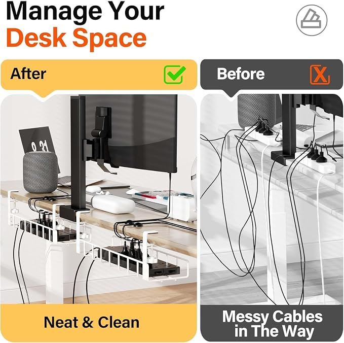 3 Pack Cable Management Under Desk Tray, 47.1" No Drill Under Desk Wire Management with Upgraded Clamp, Metal Cord Organizers with Cable Organizers, PC Cord Organization Rack, White - Image 3