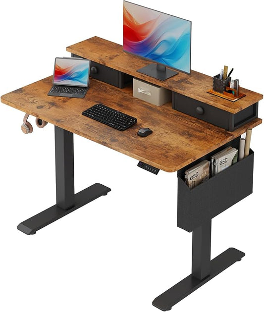 Electric Standing Desk Adjustable Height - 40 Inch Sit Stand Desk with Storage Drawers , Small Standing Desks with Shelf Monitor Stand, Kids Girls Computer Desks for Bedroom Home Office, Rustic Brown by Unknown