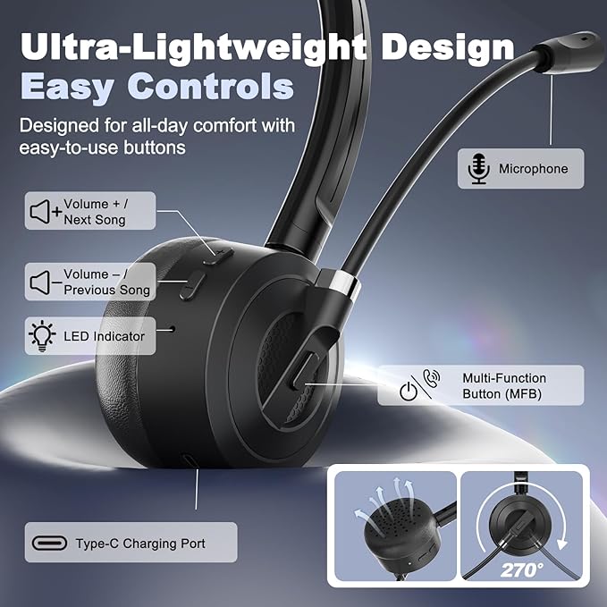 Bluetooth Headset with Microphone, Single Ear Wireless Headset for Cell Phones - Image 5