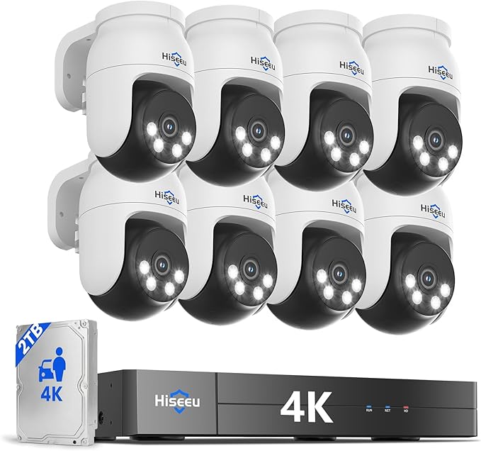 Hiseeu 4K PTZ Wired Security Camera System with 8 x 8MP CCTV Cameras | 360° Coverage,Smart Color Night Vision,Audio,Person/Vehicle Detection,8MP DVR,2TB HDD for 24/7 Recording,Surveillance DVR Kit by Hiseeu
