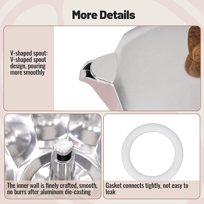 3 Cup Aluminum Moka Pot Classic Stovetop Espresso Coffee Maker 150ml 5oz Coffeemaker Percolator Mocha Pot Greca Coffee Maker Cafe Makers for Italian and Cuban Café Brewing Pink - Image 6