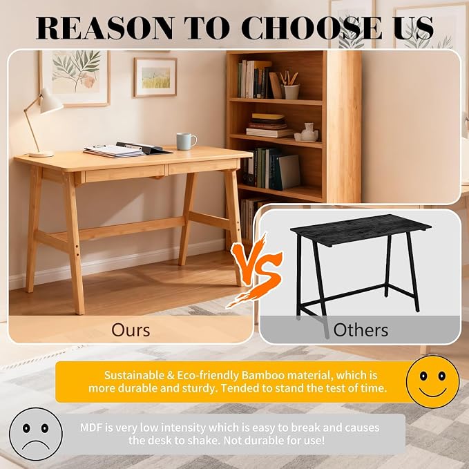 Nnewvante Writing Computer Desk 46" Bamboo Home Office Table with 2 Drawers, Modern Furniture Simple Study Makeup Workstation | Work Study Laptop Table for Bedroom, Modern Simple Style - Image 5