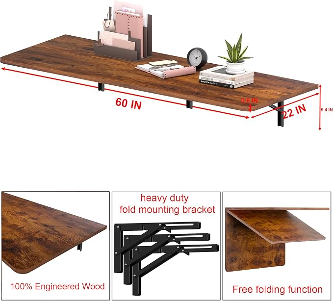 IAE 60x23in Floating Fold Desk,Wall-Mounted Folding Computer Table,Rustic | Study Table with Shelf Brackets,Foldable Down Shelf with Engineered Wood,Fold Computer Desk for Small Apartment,Holds 516 lb - Image 2
