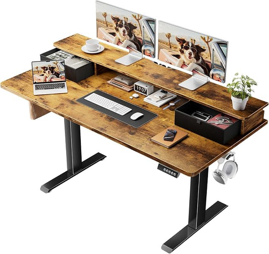 Veken 55x26 in Electric Standing Desk with Drawers, Adjustable Table, Brown | Stand up Computer Desk for Home Office, Work & Study, with Storage, 3 Memory Presets, Cable Organizer, Hook, and Quiet Lift. by Veken