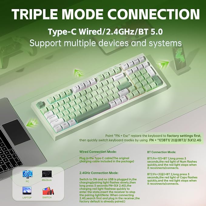 LEOBOG X Aula Green Keyboard Wireless Gaming Keyboard Creamy Silent | 98 Keys,Quiet,RGB Backlit,2000mAh Computer Keyboards Membrane Creamy Keyboard with Number Pad,Tri-Mode BT/2.4GHz/USB-C - Image 4