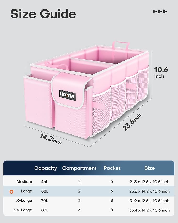 HOTOR Trunk Organizer for Car - Car Organizer, Foldable Trunk organizer for SUVs & Sedans, Sturdy Organization for Car Accessories, Tools, Sundries, Pink, 2 Compartments, 23.6"×14.2"×10.6" - Image 2