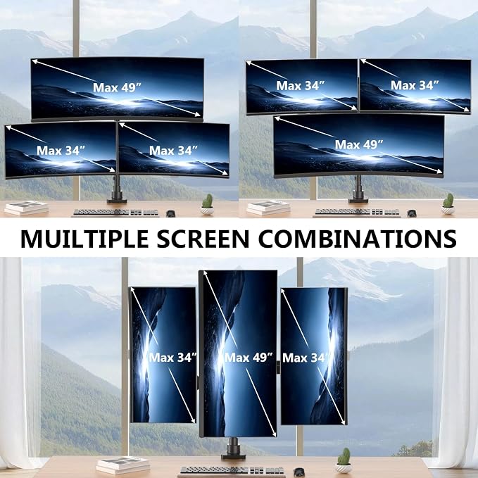 WALI Triple Monitor Mount - Extra Tall 3 Monitor Desk Mount for 17-49 Inch Ultrawide Screens, Up to 44 lbs, Fully Adjustable Heavy Duty Monitor Arm, VESA 75/100 mm (GSDM003-P), Black - Image 9