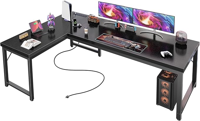 Huuger 63 Inch L Shaped Desk with Power Outlets and USB-C Port, Reversible Computer Desk, Larger Office Corner Gaming Desk, 0.95 Inch Thicker Desktop, Metal Frame, for Home Office, Study, Black by Huuger
