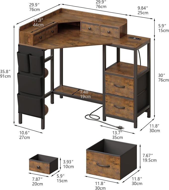 VENNQD Corner Desk with 6 Fabric Drawers Shelves for Small Space Computer Desk with Power Outlets,Gaming Desk with Printer Monitor Stand Storage for Home Office Workstation Writing Table Brown - Image 2