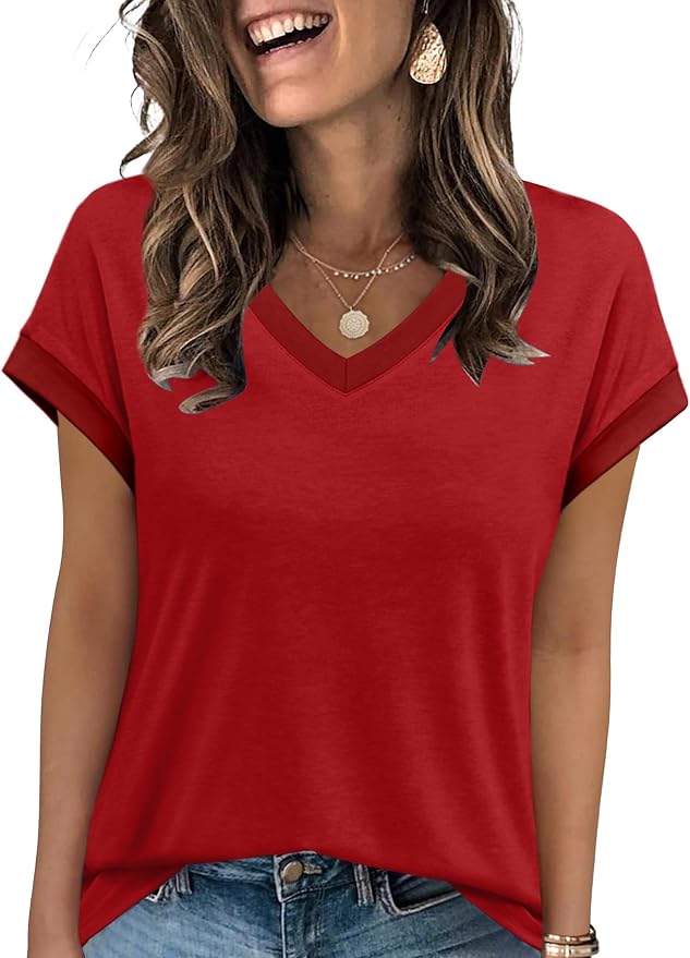 WIHOLL Womens Summer Tops 2026 Cap Short Sleeve Shirs V Neck T Shirts Fashion Beach Vacation Clothes Color Block - Image 3