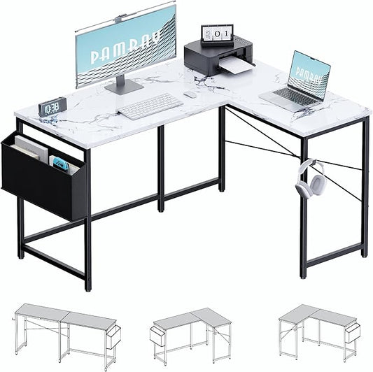 Pamray 47 Inch Reversible L Shaped Gaming Desk Corner Computer Desk with Storage Bag Home Office Table for Writing Study Marble by PAMRAY