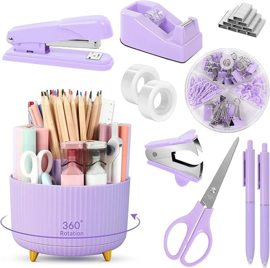 SKYDUE Purple Office Supplies Set, Purple Office Desk Accessories 10PCS, Pencil Holder for Desk, Stapler, Tape Dispenser, Scissors, Ruler, Binder/Paper Clips and 1000pcs Staples,Desk Supplies Set by SKYDUE