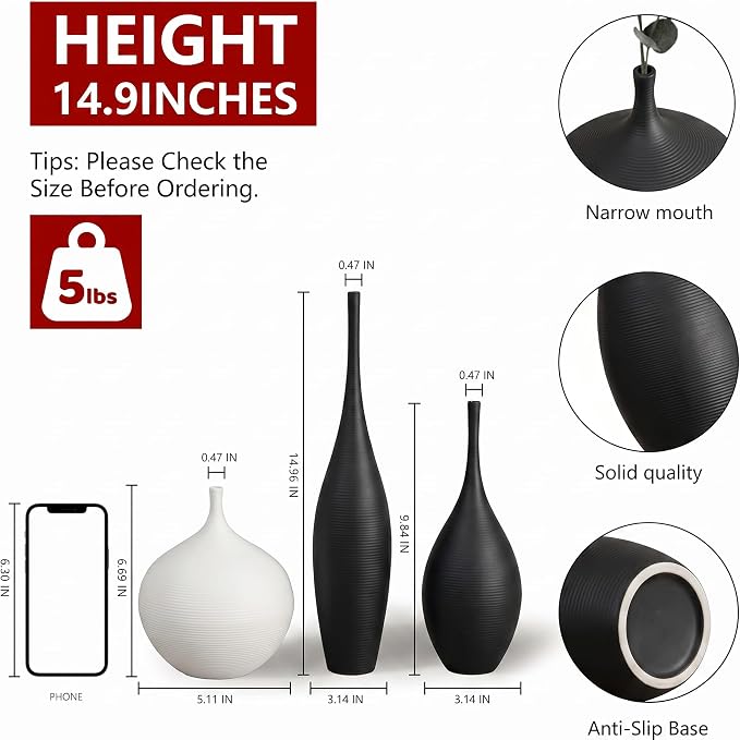 Relexome Black and White Ceramic Vase Modern Wabi-Sabi Flower Vase Set of 3 Decorative Aesthetic Vases for Centerpieces Matte Minimalist Vases for Living Room Table Shelf Home Decor Gift - Image 2