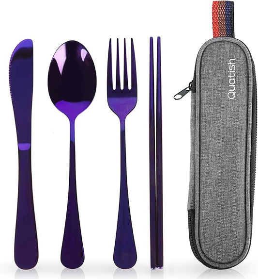 Travel Utensils with Case, Quatish Portable Silverware Set for Work, Stainless Steel Reusable Travel Cutlery Set, Fork and Spoon Set for Camping, EDC Gadgets, Lunch Box for Men, Purple by Quatish