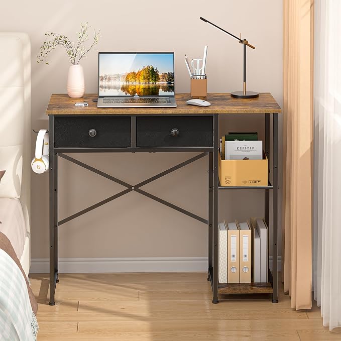 DAOUTIME Small Computer Desk, 36 Inch Writing Desk with Drawers & Storage Shelves, Home Office Writing Desk for Small Spaces, Bedroom, Living Room, Dorm, Rustic Brown by DAOUTIME
