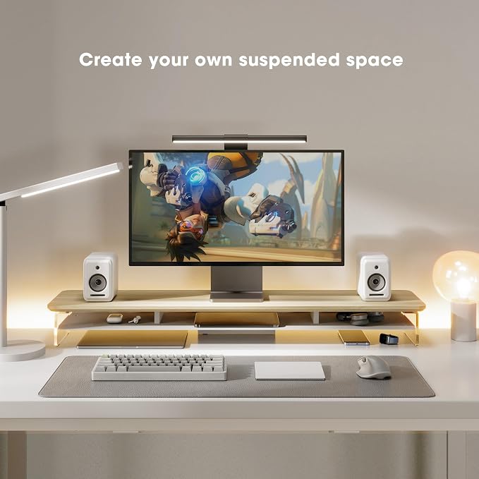 Fenge 42.5" Dual Monitor Stand with Clear Acrylic Legs, Oak | Clear acrylic, storage compartment, 2-tier home office monitor riser, wide large desktop shelf fit monitor/laptop/printer - Image 2