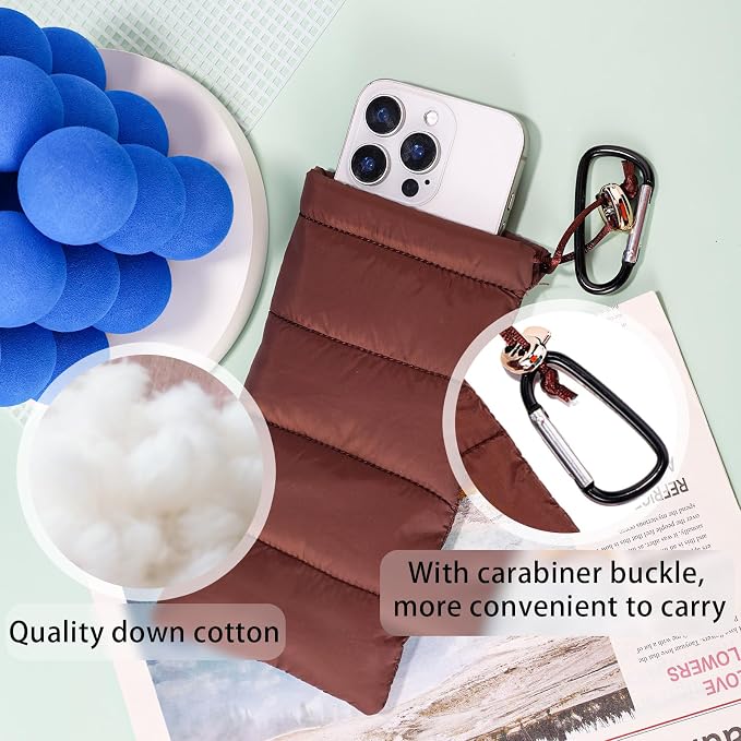 Lyreh Thermal Phone Pouch, Down Cotton Warm Phone Case Cover Bags Prevents Freezing & Overheating Protector Cellphone Pouch with Carabiner Ideal for Outdoor Camping Hiking Skiing (Brown) - Image 4