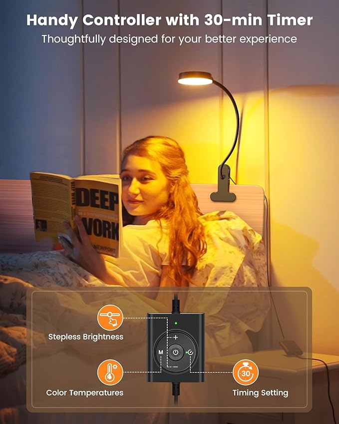 Glocusent 5W Clip on Light, 3 Colors & 5 Brightness Reading Light for Bed | Flexible Gooseneck Clip on Lamp, 30-Min Timer, Reading Lamp, Perfect Desk Lamp for Dorm,Bunk,Bed,Headboard,Table,Work,Craft - Image 5