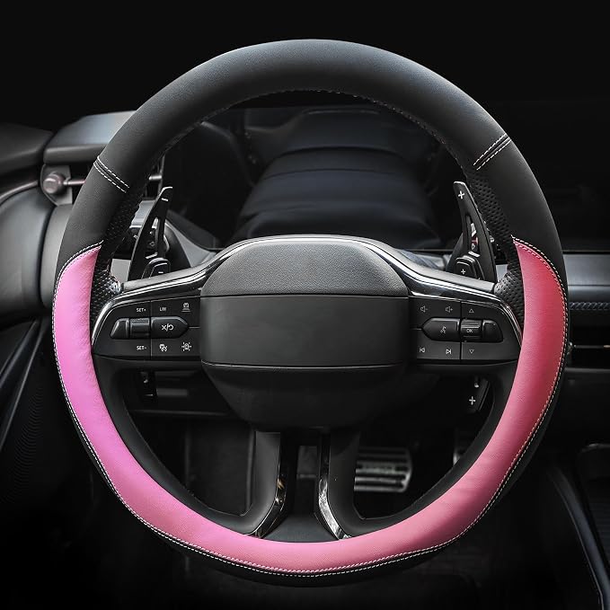 Valleycomfy Microfiber Leather Steering Wheel Cover Universal 15 inch(Pink) - Image 2