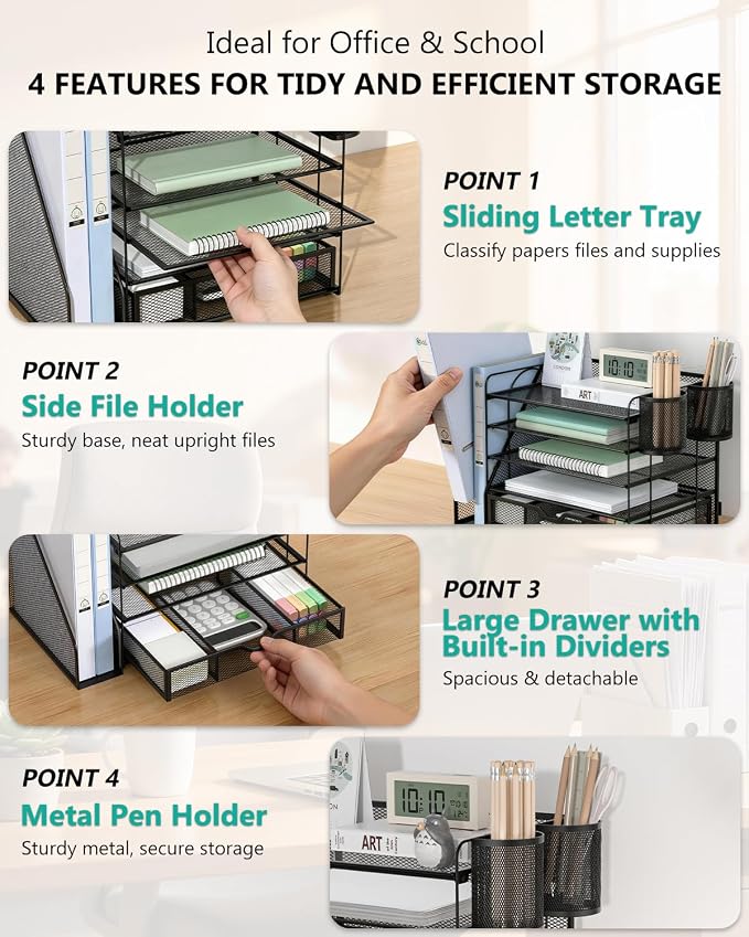WALI Desk File Organizer, 5 Tier Desktop Paper Letter Tray Organizer with Drawer and 2 Pen Holders, Office Desk Accessories & Workspace Organizers for Office, Home Supplies(DO006DH-B), 1 Pack, Black - Image 4
