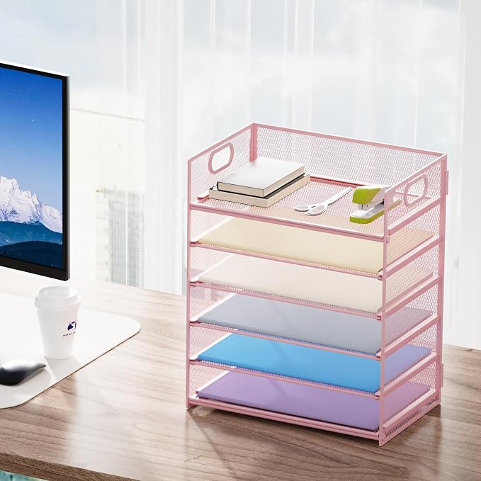 Marbrasse 6 Tier Paper Organizer Letter Tray - Mesh Desk File Organizer with Handle, Paper Sorter for Letter/A4 Office File Folder Holder -Pink - Image 6