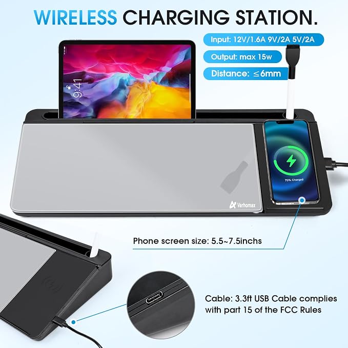 Varhomax Glass Desk Whiteboard with Wireless Charger, Desktop Organizer Dry Erase White Board with Storage, to Do List Memo Notepad for Home and Office Supplies (Black & Gray) - Image 2