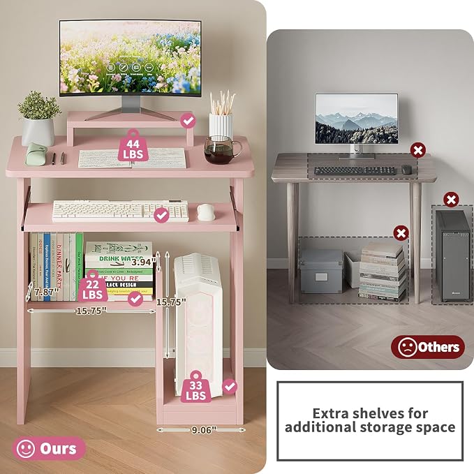 ALISENED 30 Inch Computer Desk, with Keyboard Tray & Monitor Stand | Compact Desk for Space-Saving, Ergonomic Study Desk with Storage Shelves for Writing, Gaming, Working, Pink - Image 6
