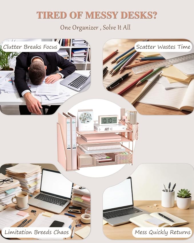 WALI Desk File Organizer, 4 Tier Desktop Paper Letter Tray Organizer with Drawer and 2 Pen Holders, Office Desk Accessories & Workspace Organizers for Office, Home, School Supplies, 1 Pack, Rose Gold - Image 3