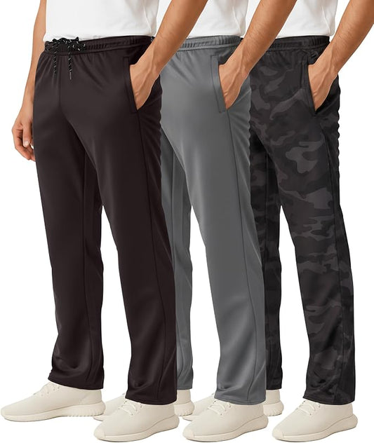 3 Pack Men's Mesh Open Bottom Sweatpants Active Athletic Workout Gym Pocket | Available in Big & Tall, Uncuffed, Elastic Waistband, Drawstring, Straight Leg, Running, Jogging, Exercise, Training, Sports by RealEssentials