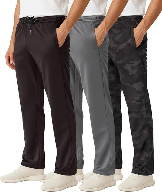 3 Pack Men's Mesh Open Bottom Sweatpants Active Athletic Workout Gym Pocket | Available in Big & Tall, Uncuffed, Elastic Waistband, Drawstring, Straight Leg, Running, Jogging, Exercise, Training, Sports by RealEssentials